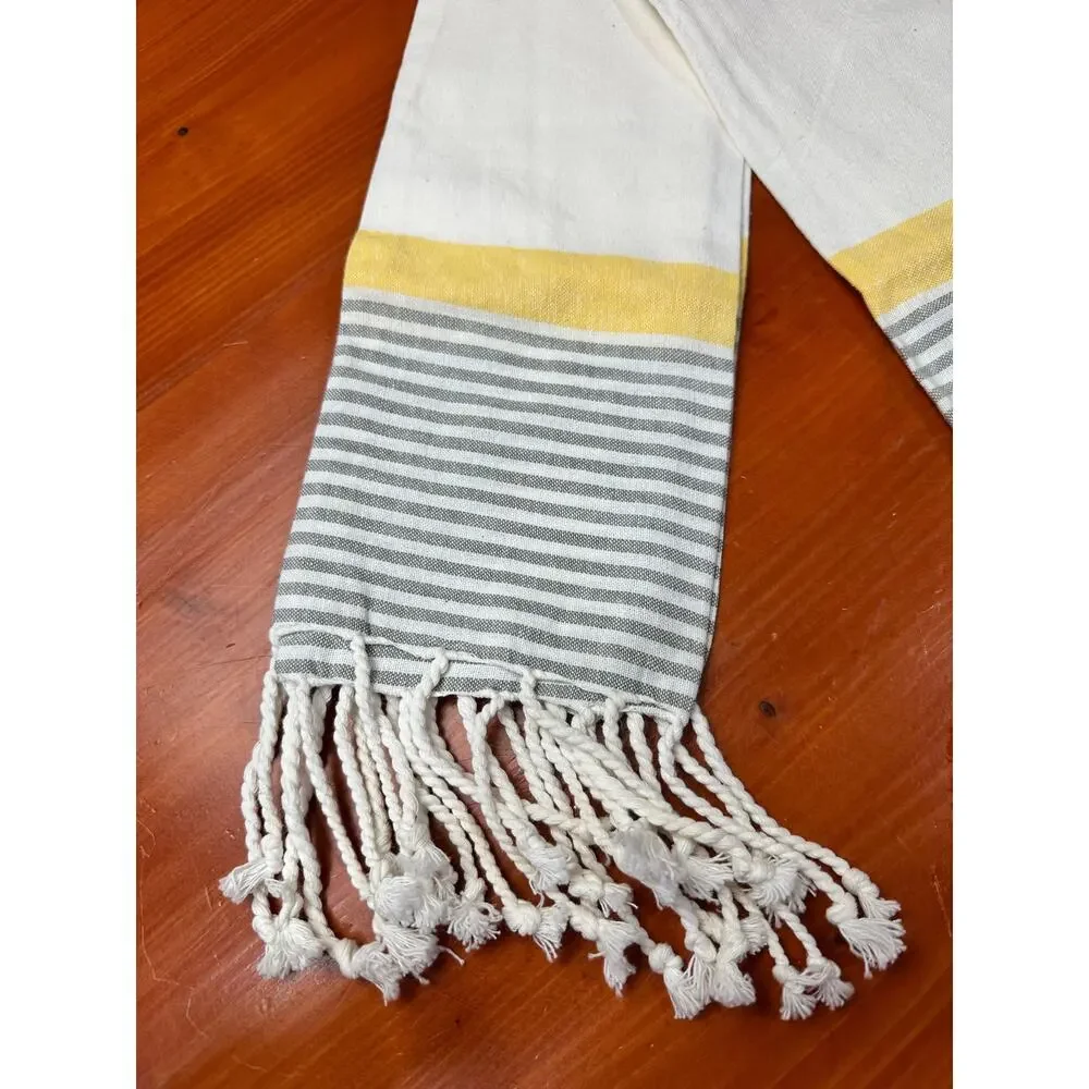 Set of 2 Cotton Kitchen Towels - White with Gray Stripes and Yellow Accent